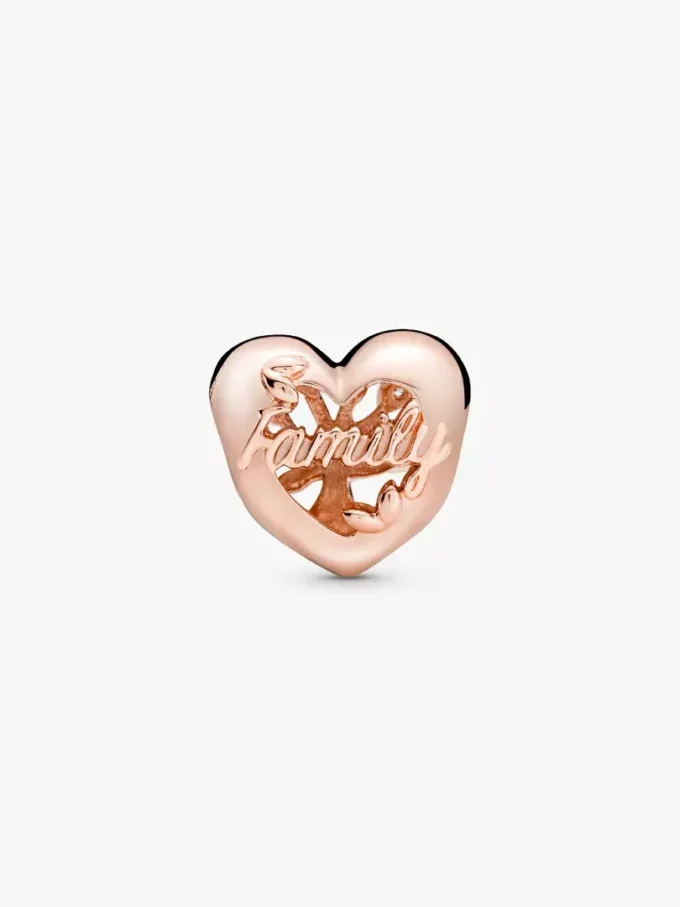 Endgültiger Verkauf – durchbrochener Familienbaum-Herz-Charm, 14 Karat Roségold-Beschichtung Endgültiger Verkauf – durchbrochener Familienbaum-Herz-Charm, 14 Karat Roségold-Beschichtung