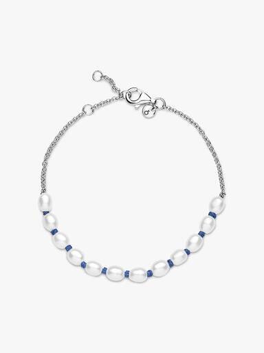 ENDVERKAUF – Armband mit behandelten Süßwasser-Zuchtperlen und blauer Kordel – Sterlingsilber ENDVERKAUF – Armband mit behandelten Süßwasser-Zuchtperlen und blauer Kordel – Sterlingsilber