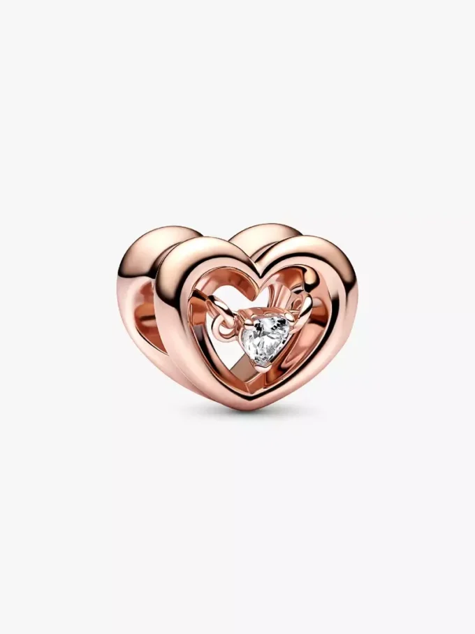 Endverkauf – Charm „Strahlendes Herz & schwebender Stein“, 14-karätige Roségoldbeschichtung Endverkauf – Charm „Strahlendes Herz & schwebender Stein“, 14-karätige Roségoldbeschichtung