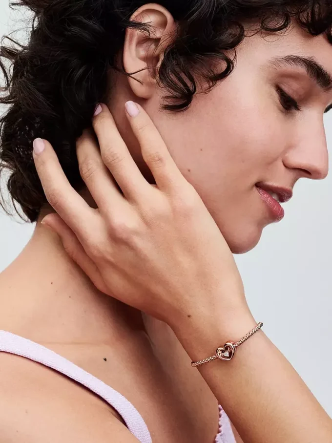 Endverkauf – Charm „Strahlendes Herz & schwebender Stein“, 14-karätige Roségoldbeschichtung Endverkauf – Charm „Strahlendes Herz & schwebender Stein“, 14-karätige Roségoldbeschichtung
