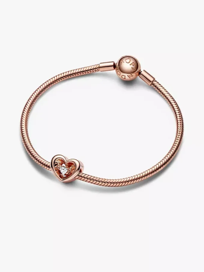 Endverkauf – Charm „Strahlendes Herz & schwebender Stein“, 14-karätige Roségoldbeschichtung Endverkauf – Charm „Strahlendes Herz & schwebender Stein“, 14-karätige Roségoldbeschichtung
