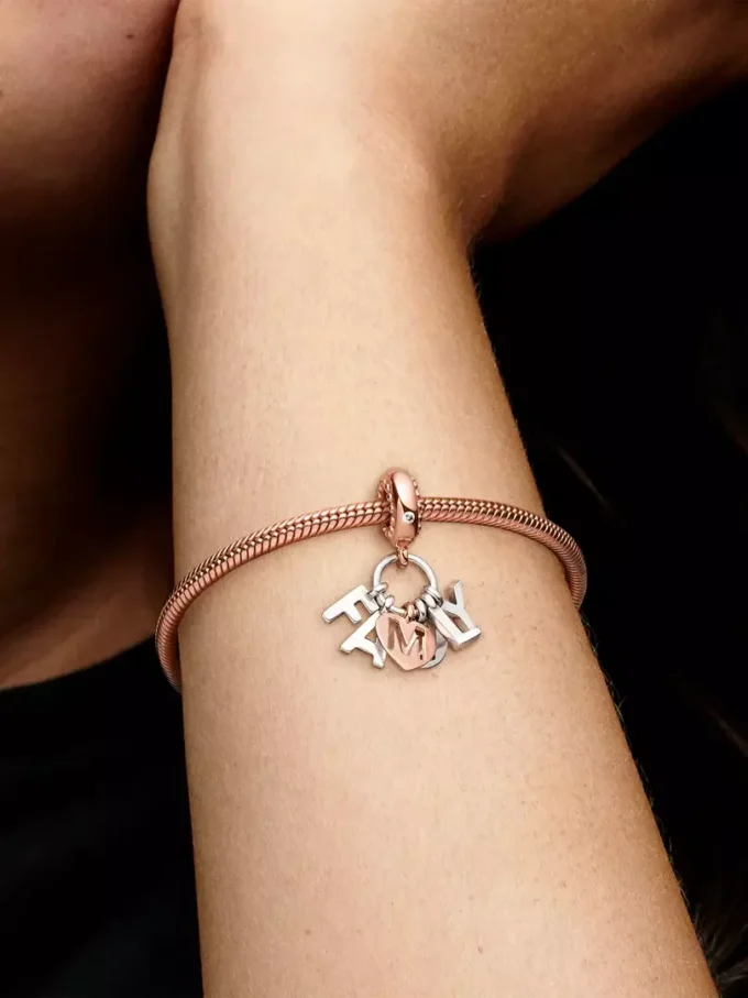 Familienbuchstaben-Dangle Charm aus Sterlingsilber, 14 Karat Roségold-Beschichtung Familienbuchstaben-Dangle Charm aus Sterlingsilber, 14 Karat Roségold-Beschichtung