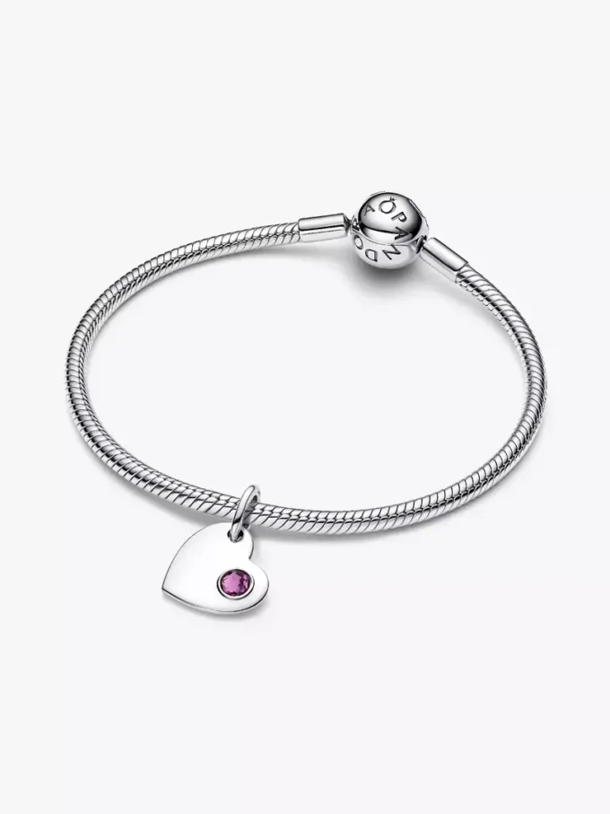 Februar gravierbarer Herz-Dangle Charm mit violettem Stein, Sterlingsilber Februar gravierbarer Herz-Dangle Charm mit violettem Stein, Sterlingsilber