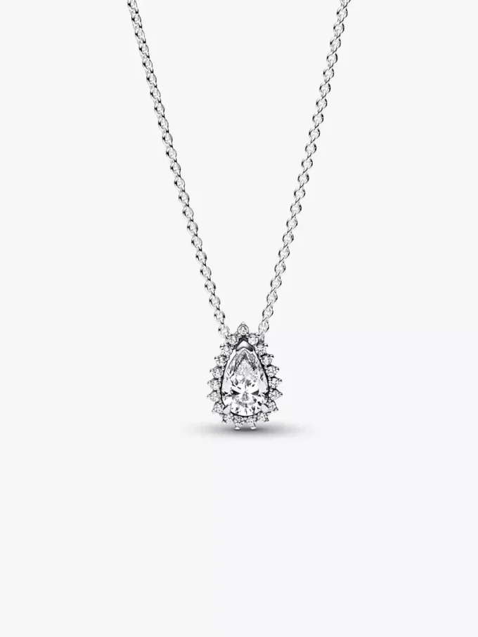 Funkelnde Halskette mit Birnenanhänger und Halo-Rahmen aus Sterlingsilber Funkelnde Halskette mit Birnenanhänger und Halo-Rahmen aus Sterlingsilber