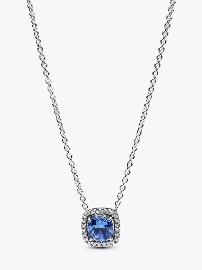 Funkelnde Halskette mit quadratischem blauem Halo-Anhänger aus Sterlingsilber Funkelnde Halskette mit quadratischem blauem Halo-Anhänger aus Sterlingsilber