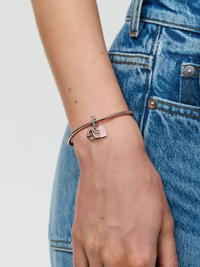 Funkelnder Infinity-Herz-Dangle Charm aus Sterlingsilber, 14 Karat Roségold-Beschichtung