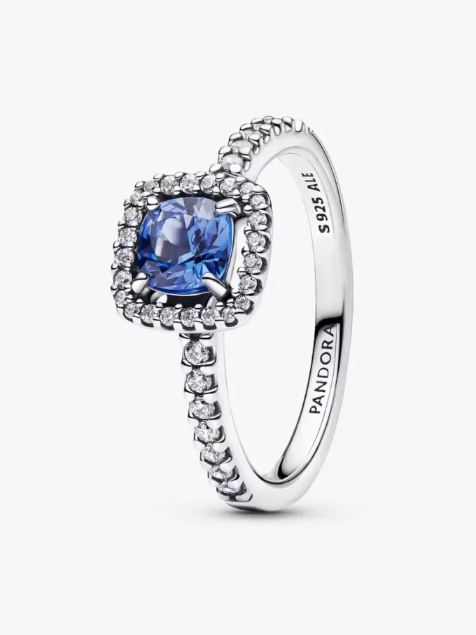 Funkelnder quadratischer blauer Halo-Ring aus Sterlingsilber Funkelnder quadratischer blauer Halo-Ring aus Sterlingsilber