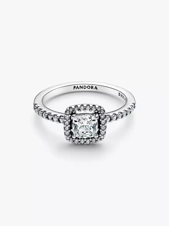 Funkelnder quadratischer Halo-Ring aus Sterlingsilber