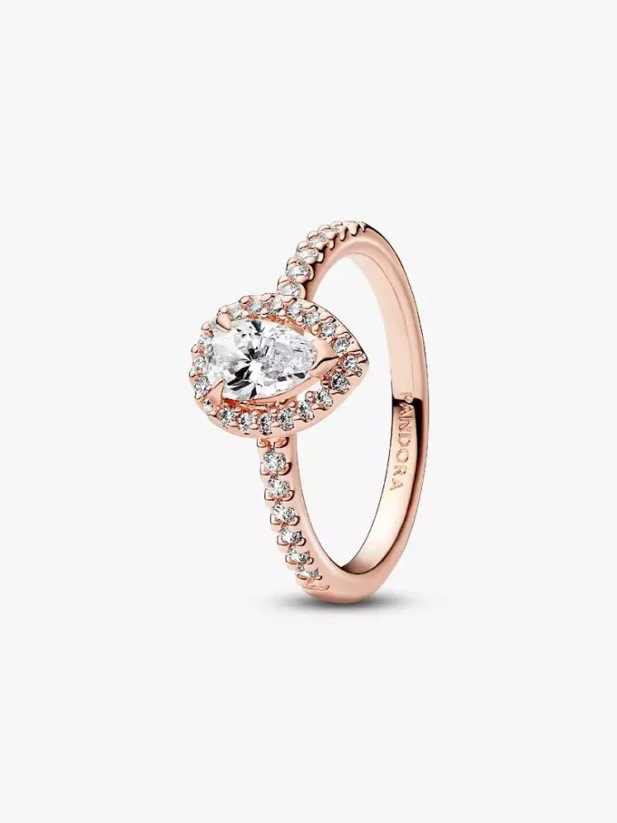 Funkelnder Ring mit Birnenform und Halo-Fassung, 14-karätige Roségoldbeschichtung Funkelnder Ring mit Birnenform und Halo-Fassung, 14-karätige Roségoldbeschichtung