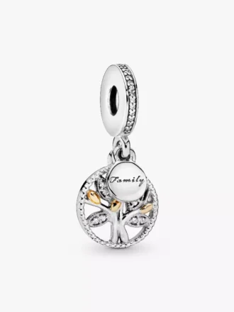 Funkelnder Stammbaum-Dangle Charm aus 14-karätigem Gold und Sterlingsilber