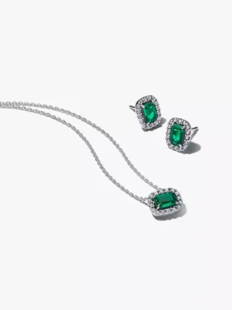 Funkelndes grünes Halo-Schmuck-Geschenkset aus Sterlingsilber