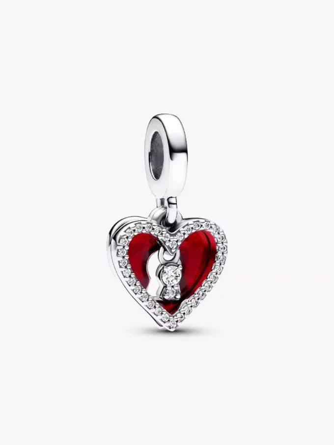 Doppelter Dangle Charm „Rotes Herz & Schlüsselloch“ aus Sterlingsilber Doppelter Dangle Charm „Rotes Herz & Schlüsselloch“ aus Sterlingsilber