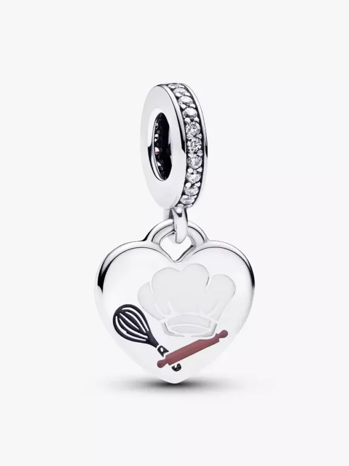 Gravierbarer Herz-Dangle Charm mit Backutensilien aus Sterlingsilber