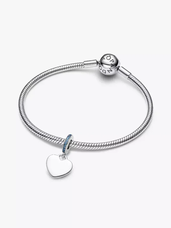 Gravierbarer Herz-Dangle Charm mit blauem Stein aus Sterlingsilber Gravierbarer Herz-Dangle Charm mit blauem Stein aus Sterlingsilber