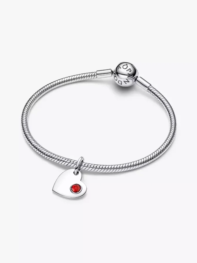 Gravierbarer Herz-Dangle Charm mit rotem Stein, Sterlingsilber Gravierbarer Herz-Dangle Charm mit rotem Stein, Sterlingsilber