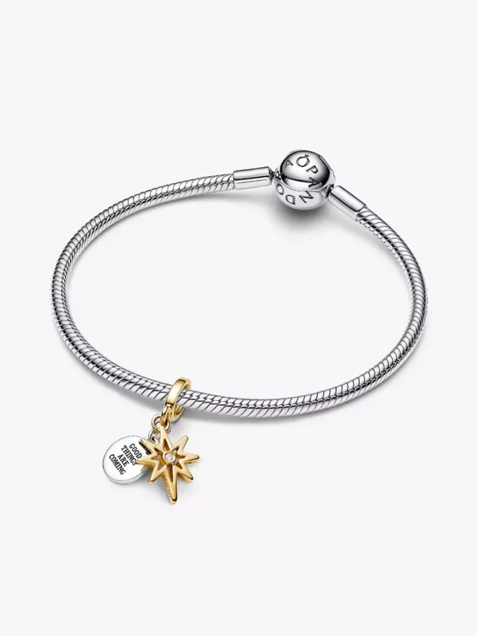 Gravierbarer Nordstern-Dangle Charm mit synthetischem Diamanten, 0,009 Karat, Sterlingsilber, 14-karätige Vergoldung Gravierbarer Nordstern-Dangle Charm mit synthetischem Diamanten, 0,009 Karat, Sterlingsilber, 14-karätige Vergoldung