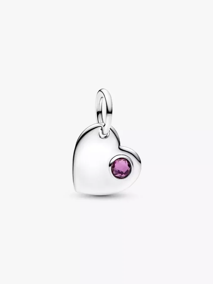 Februar gravierbarer Herz-Dangle Charm mit violettem Stein, Sterlingsilber Februar gravierbarer Herz-Dangle Charm mit violettem Stein, Sterlingsilber
