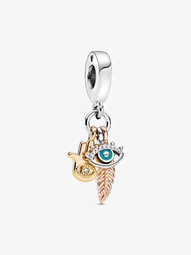 Hamsa, Allsehendes Auge & Feder Spirituality Dangle Charm – Sterlingsilber, 14-karätige Vergoldung, 14-karätige Roségoldvergoldung Hamsa, Allsehendes Auge & Feder Spirituality Dangle Charm – Sterlingsilber, 14-karätige Vergoldung, 14-karätige Roségoldvergoldung