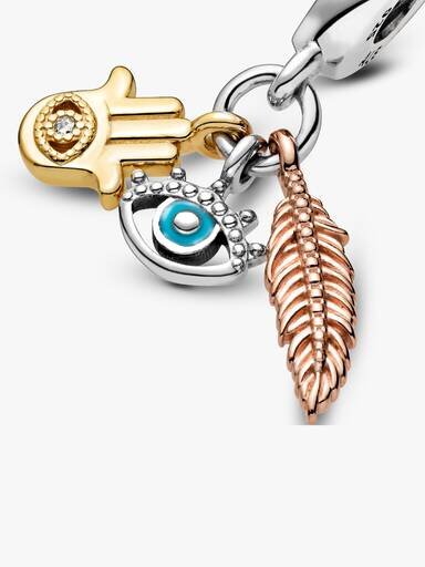 Hamsa, Allsehendes Auge & Feder Spirituality Dangle Charm – Sterlingsilber, 14-karätige Vergoldung, 14-karätige Roségoldvergoldung Hamsa, Allsehendes Auge & Feder Spirituality Dangle Charm – Sterlingsilber, 14-karätige Vergoldung, 14-karätige Roségoldvergoldung