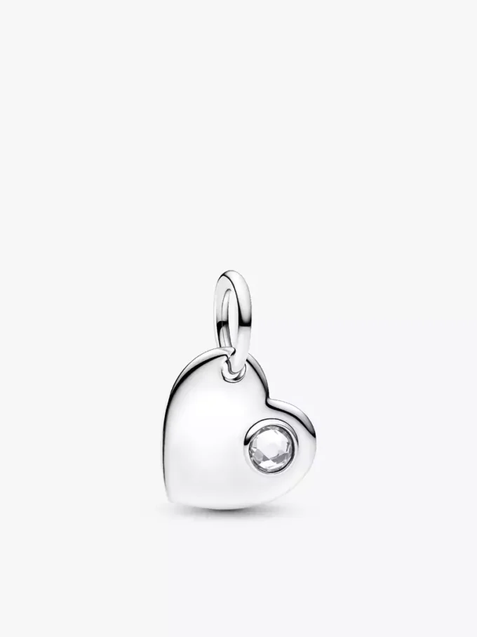 April gravierbarer Herz-Dangle Charm mit klarem Stein aus Sterlingsilber April gravierbarer Herz-Dangle Charm mit klarem Stein aus Sterlingsilber