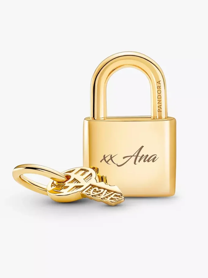 Hängender Dangle Charm „Vorhängeschloss & Schlüssel“ mit 14-karätiger Vergoldung Hängender Dangle Charm „Vorhängeschloss & Schlüssel“ mit 14-karätiger Vergoldung
