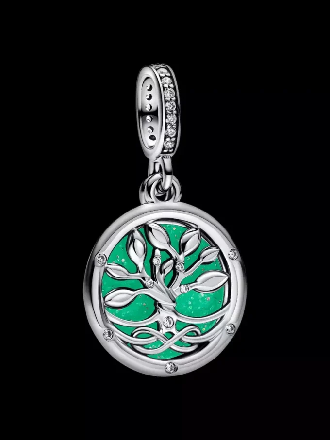 Im Dunkeln leuchtender Doppel-Dangle Charm „Infinity Tree“ aus Sterlingsilber