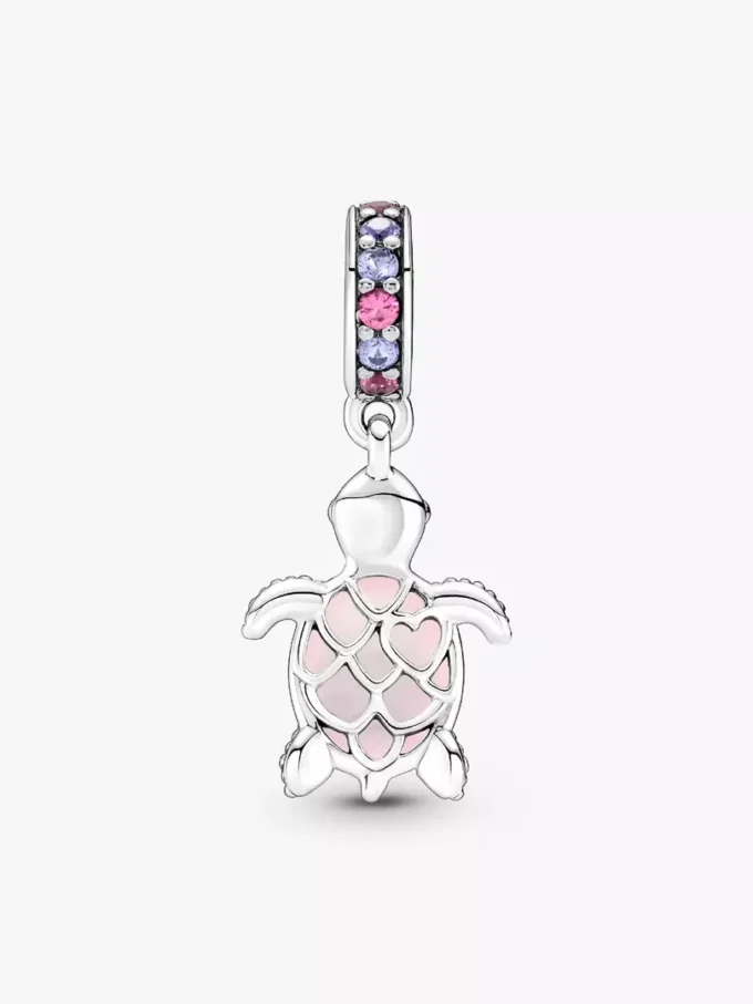 Murano Glass Dangle Charm in Form einer rosa Meeresschildkröte, Sterlingsilber