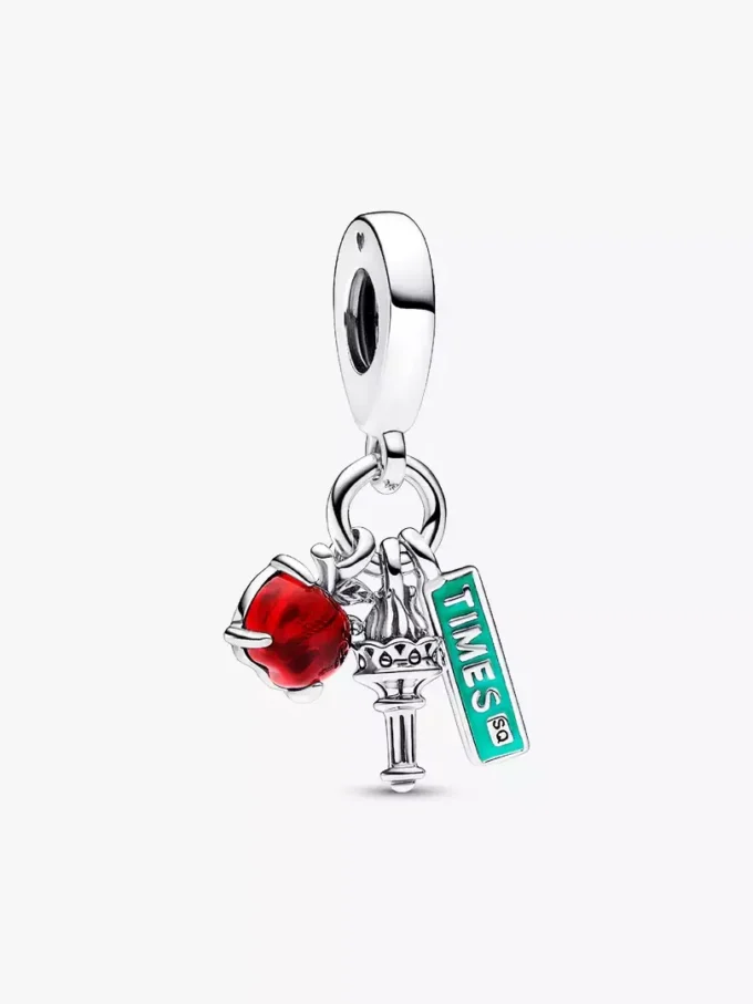 NYC-Apfel, Fackel und Straßenschild – dreifacher Dangle Charm aus Sterlingsilber