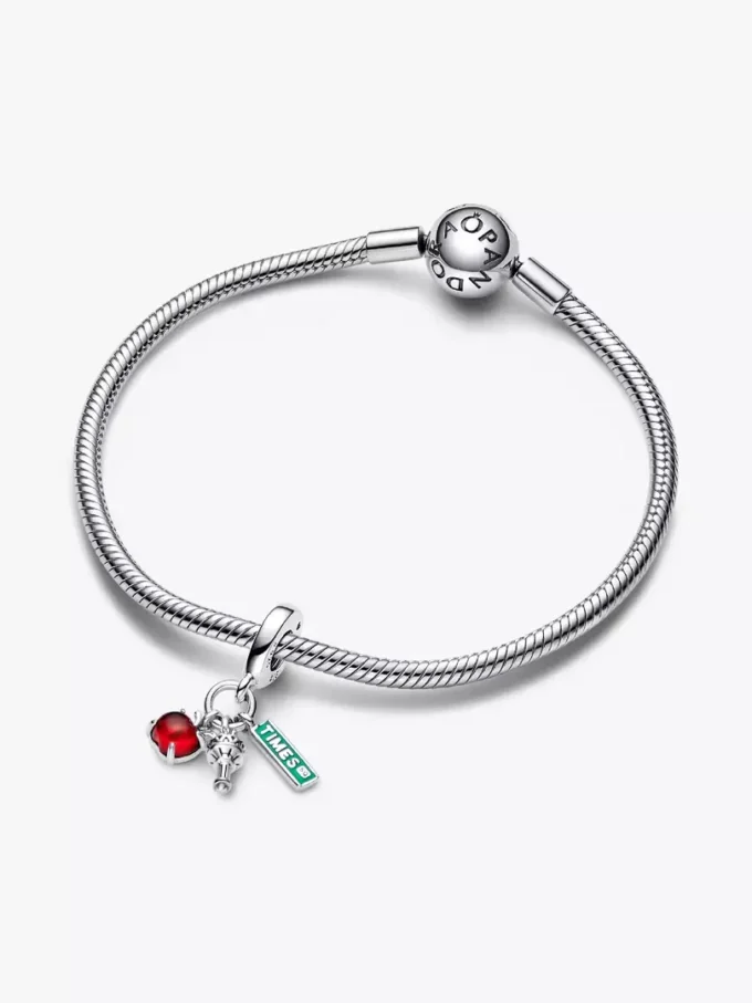NYC-Apfel, Fackel und Straßenschild – dreifacher Dangle Charm aus Sterlingsilber