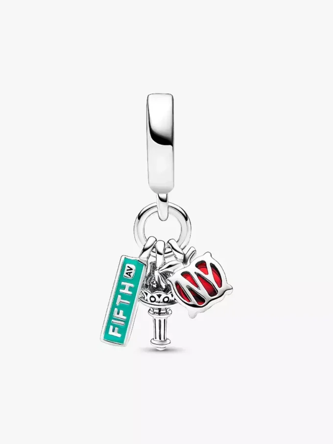 NYC-Apfel, Fackel und Straßenschild – dreifacher Dangle Charm aus Sterlingsilber