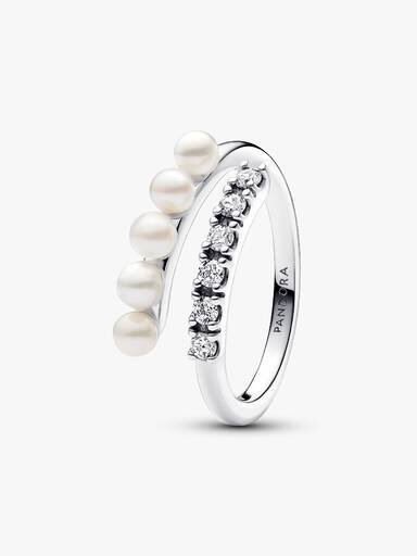 Offener Ring mit behandelten Süßwasser-Zuchtperlen und Pavé – Sterlingsilber Offener Ring mit behandelten Süßwasser-Zuchtperlen und Pavé – Sterlingsilber