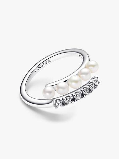 Offener Ring mit behandelten Süßwasser-Zuchtperlen und Pavé – Sterlingsilber Offener Ring mit behandelten Süßwasser-Zuchtperlen und Pavé – Sterlingsilber
