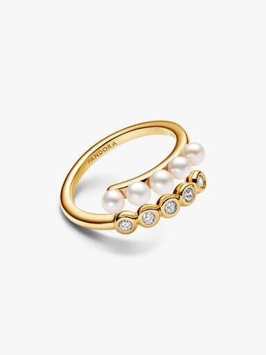 Offener Ring mit behandelten Süßwasser-Zuchtperlen und Steinen – 14-karätige Vergoldung Offener Ring mit behandelten Süßwasser-Zuchtperlen und Steinen – 14-karätige Vergoldung