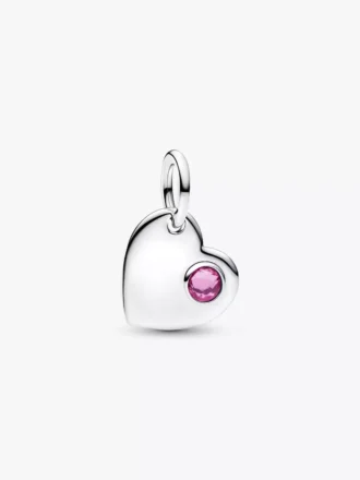 Oktober: Gravierbarer Herz-Dangle Charm mit rosa Stein, Sterlingsilber