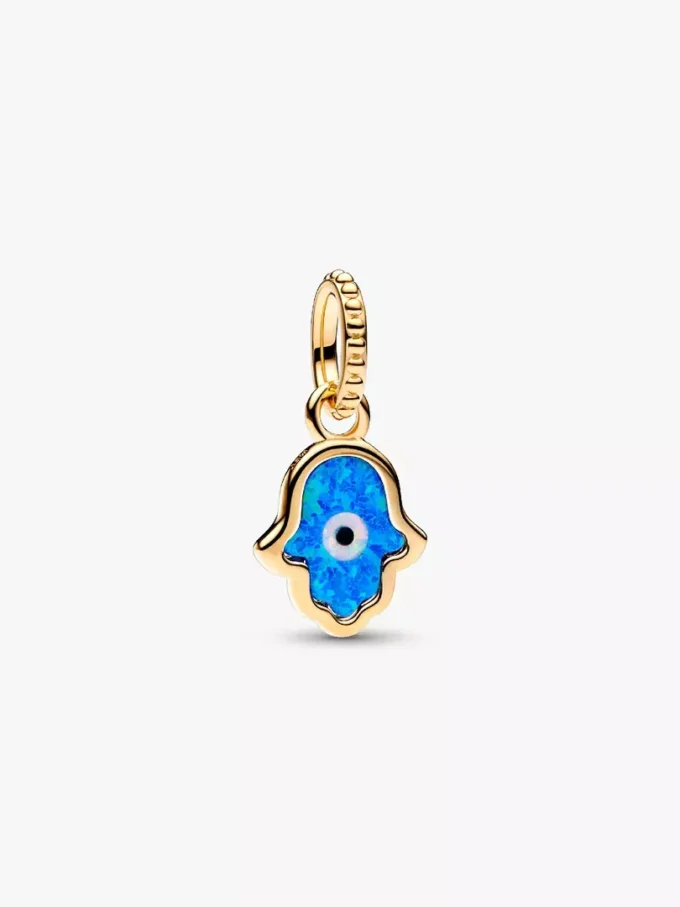 Opaleszierender blauer Hamsa-Hand-Dangle Charm, 14-karätig vergoldet Opaleszierender blauer Hamsa-Hand-Dangle Charm, 14-karätig vergoldet