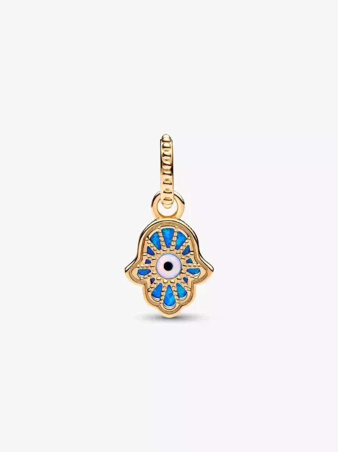 Opaleszierender blauer Hamsa-Hand-Dangle Charm, 14-karätig vergoldet Opaleszierender blauer Hamsa-Hand-Dangle Charm, 14-karätig vergoldet