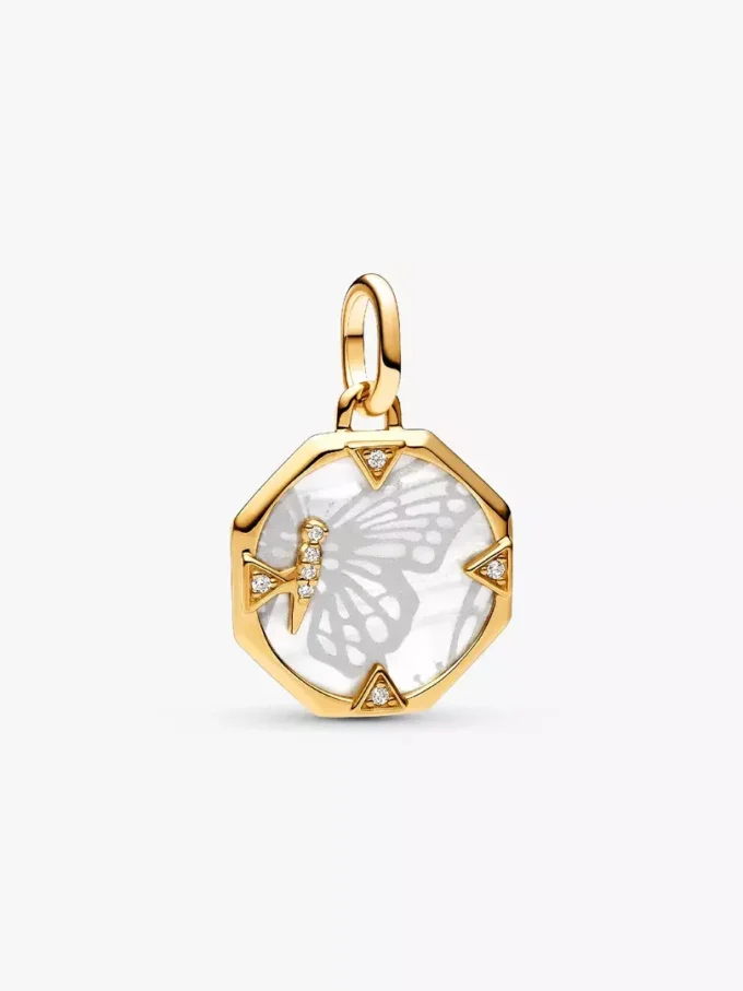 Pandora ME Medaillon-Charm mit perlmuttartigem Schmetterling, 14 Karat vergoldet Pandora ME Medaillon-Charm mit perlmuttartigem Schmetterling, 14 Karat vergoldet