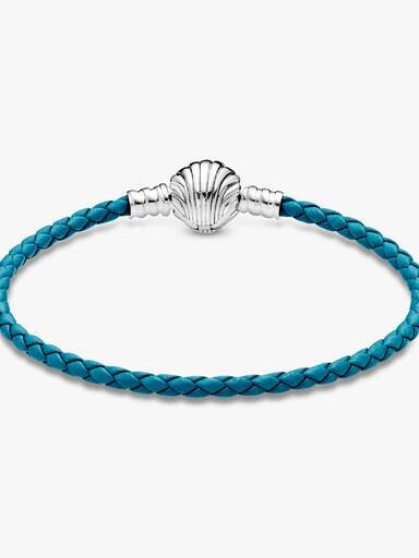 Pandora Moments Armband aus geflochtenem türkisfarbenem Leder mit Muschelverschluss – Sterlingsilber Pandora Moments Armband aus geflochtenem türkisfarbenem Leder mit Muschelverschluss – Sterlingsilber