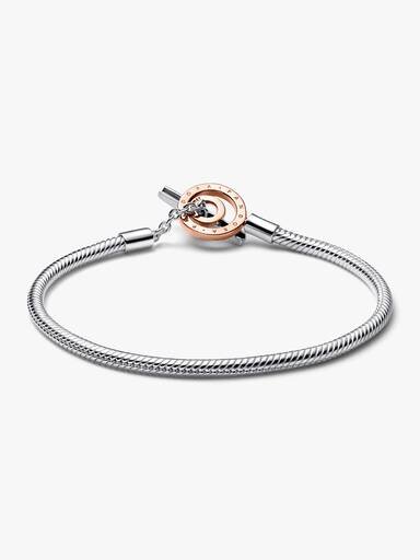 Pandora Moments zweifarbiges Logo-T-Bar-Armband mit Snake Chain – Sterlingsilber, 14 Karat Roségold-Beschichtung Pandora Moments zweifarbiges Logo-T-Bar-Armband mit Snake Chain – Sterlingsilber, 14 Karat Roségold-Beschichtung