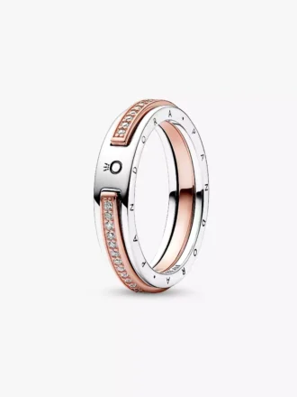 Pandora Signature Two-Tone Logo & Pavé-Ring aus Sterlingsilber, 14 Karat Roségold-Beschichtung