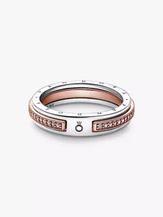 Pandora Signature Two-Tone Logo & Pavé-Ring aus Sterlingsilber, 14 Karat Roségold-Beschichtung