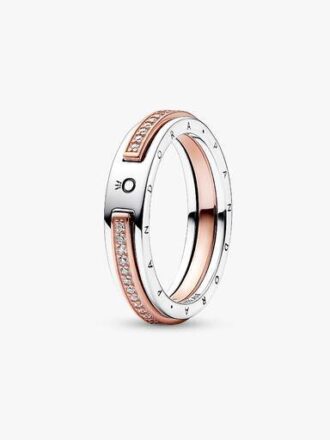 Pandora Signature zweifarbiger Logo & Pavé-Ring – Sterlingsilber, 14 Karat Roségold-Beschichtung