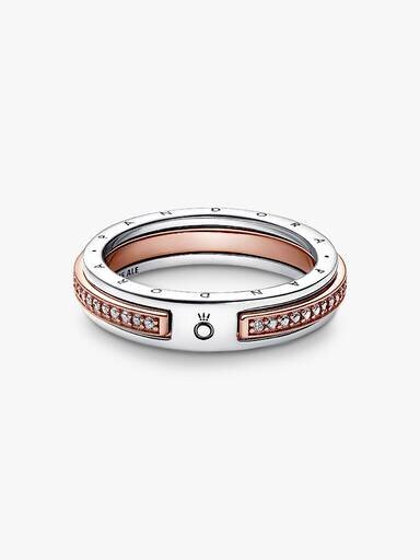Pandora Signature zweifarbiger Logo & Pavé-Ring – Sterlingsilber, 14 Karat Roségold-Beschichtung Pandora Signature zweifarbiger Logo & Pavé-Ring – Sterlingsilber, 14 Karat Roségold-Beschichtung