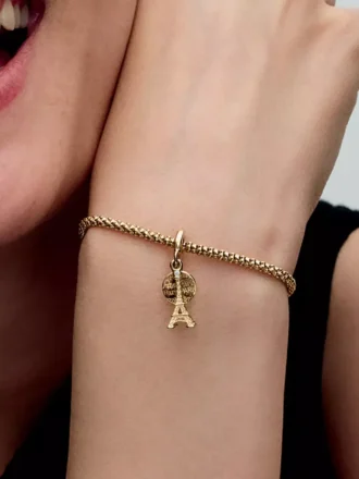 Paris Eiffelturm, im Labor gezüchteter Diamant, gravierbarer Doppel-Dangle Charm, 0,009 ct TW, 14-karätige Vergoldung