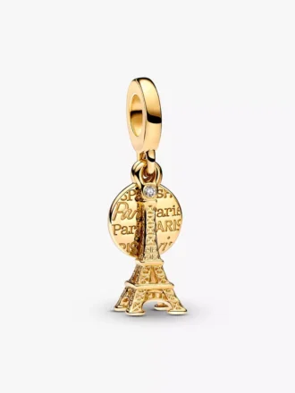 Paris Eiffelturm, im Labor gezüchteter Diamant, gravierbarer Doppel-Dangle Charm, 0,009 ct TW, 14-karätige Vergoldung