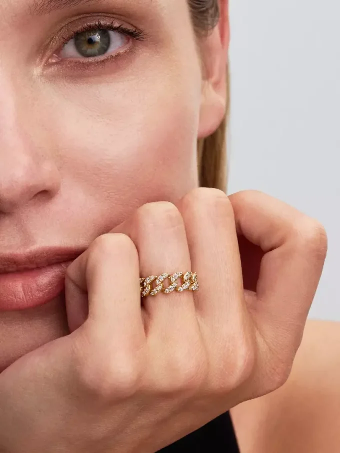 Pavé-Ring mit kubanischer Kette, 14-karätig vergoldet Pavé-Ring mit kubanischer Kette, 14-karätig vergoldet