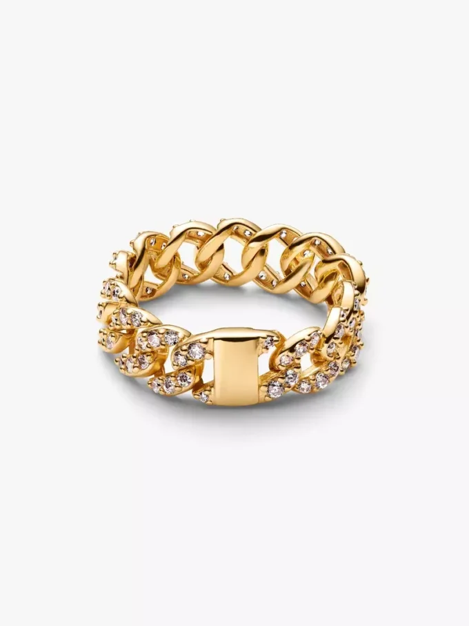 Pavé-Ring mit kubanischer Kette, 14-karätig vergoldet Pavé-Ring mit kubanischer Kette, 14-karätig vergoldet