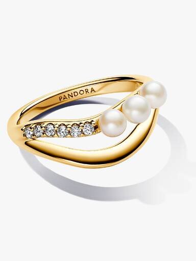 Ring mit behandelten Süßwasser-Zuchtperlen und organisch geformtem Doppelband – 14-karätige Vergoldung Ring mit behandelten Süßwasser-Zuchtperlen und organisch geformtem Doppelband – 14-karätige Vergoldung