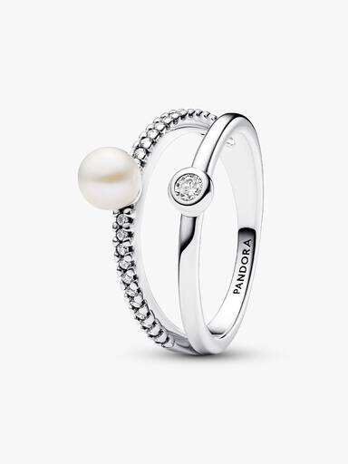 Ring mit doppelter Fassung aus behandeltem Süßwasser-Zuchtperle und Pavé – Sterlingsilber Ring mit doppelter Fassung aus behandeltem Süßwasser-Zuchtperle und Pavé – Sterlingsilber