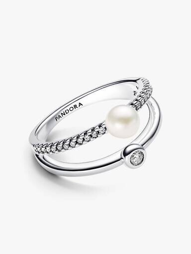 Ring mit doppelter Fassung aus behandeltem Süßwasser-Zuchtperle und Pavé – Sterlingsilber Ring mit doppelter Fassung aus behandeltem Süßwasser-Zuchtperle und Pavé – Sterlingsilber